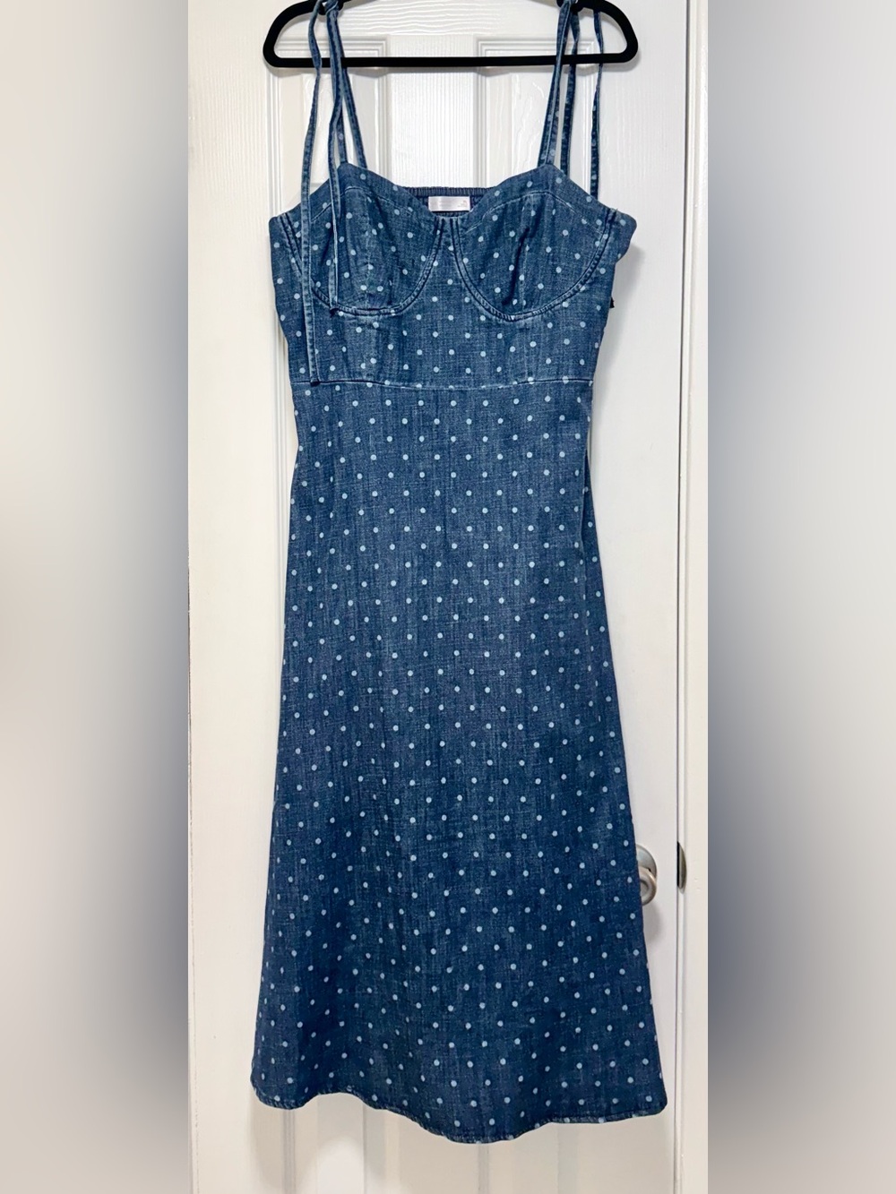 LC Lauren Conrad Blue Polka Dot Denim Midi Dress